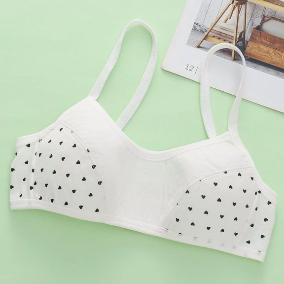 BLTIBY Cotton Girls Training Bra Cami Training Seamless Heart Printed Thin Bras for Teens Comfortable Fashion Bralette White 7-12 Years