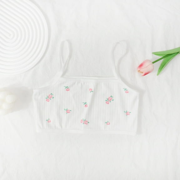 BLTIBY Cotton Girls Training Bra Cami Training Seamless Printed Thin Bras with Spaghetti Straps for Teens Comfortable Fashion Bralette White XL