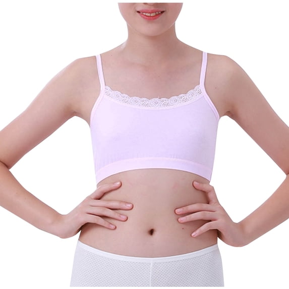 BLTIBY Cotton Girls Training Bra Crop Cami Training Lace Bras for Teens with Spaghetti Straps Comfortable Fashion Bralette Pink XL
