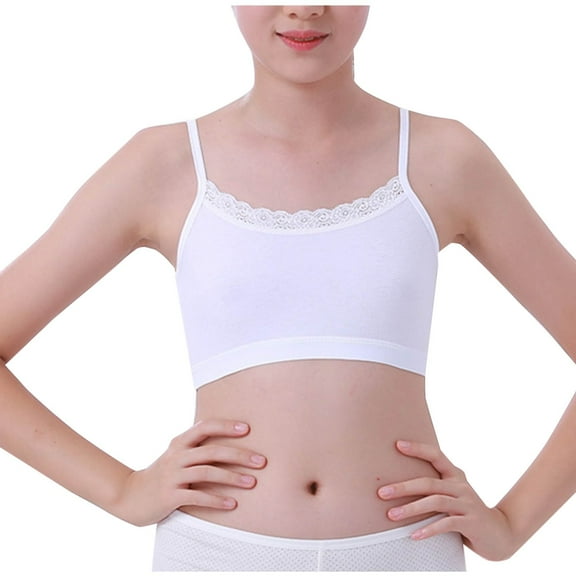 BLTIBY Cotton Girls Training Bra Crop Cami Training Lace Bras for Teens with Spaghetti Straps Comfortable Fashion Bralette White M