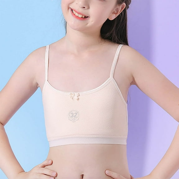 BLTIBY Cotton Girls Training Bra Crop Cami Training Seamless Mesh Bras with Cheast Pads for Teens Comfortable Breathable Fashion Bralette Beige 2 M