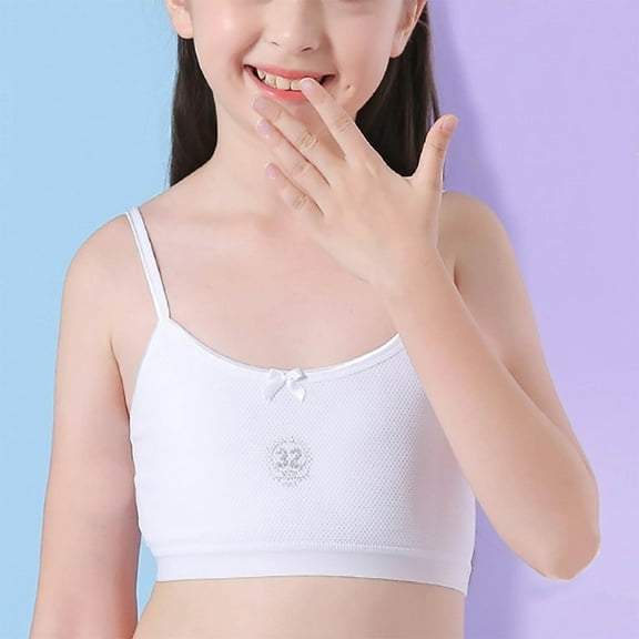 BLTIBY Cotton Girls Training Bra Crop Cami Training Seamless Mesh Bras with Cheast Pads for Teens Comfortable Breathable Fashion Bralette White 2 S