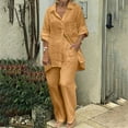 thumbnail image 1 of BLTIBY Cotton Linen 2 Piece Sets for Women Summer 2025 Solid Color Loose Long Sleeve Button Up Shirts Wide Leg Pants Matching Set with Pockets Vacation Outfits Khaki M, 1 of 8