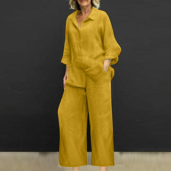 BLTIBY Cotton Linen 2 Piece Sets for Women Summer 2025 Long Sleeve Lapel Shirts Wide Leg Pant Set Plus Size Vacation Outfits with Pockets Yellow XL