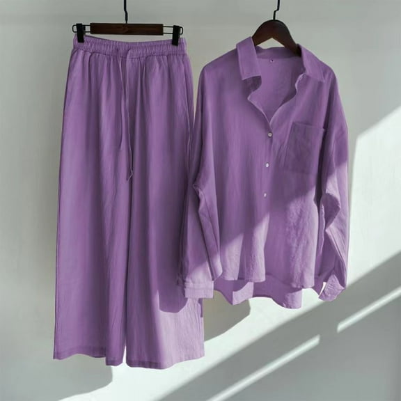 BLTIBY Cotton Linen 2 Piece Sets for Women Summer 2025 Loose Long Sleeve Shirts Wide Leg Pant Matching Set Plus Size Vacation Outfits Purple XXL
