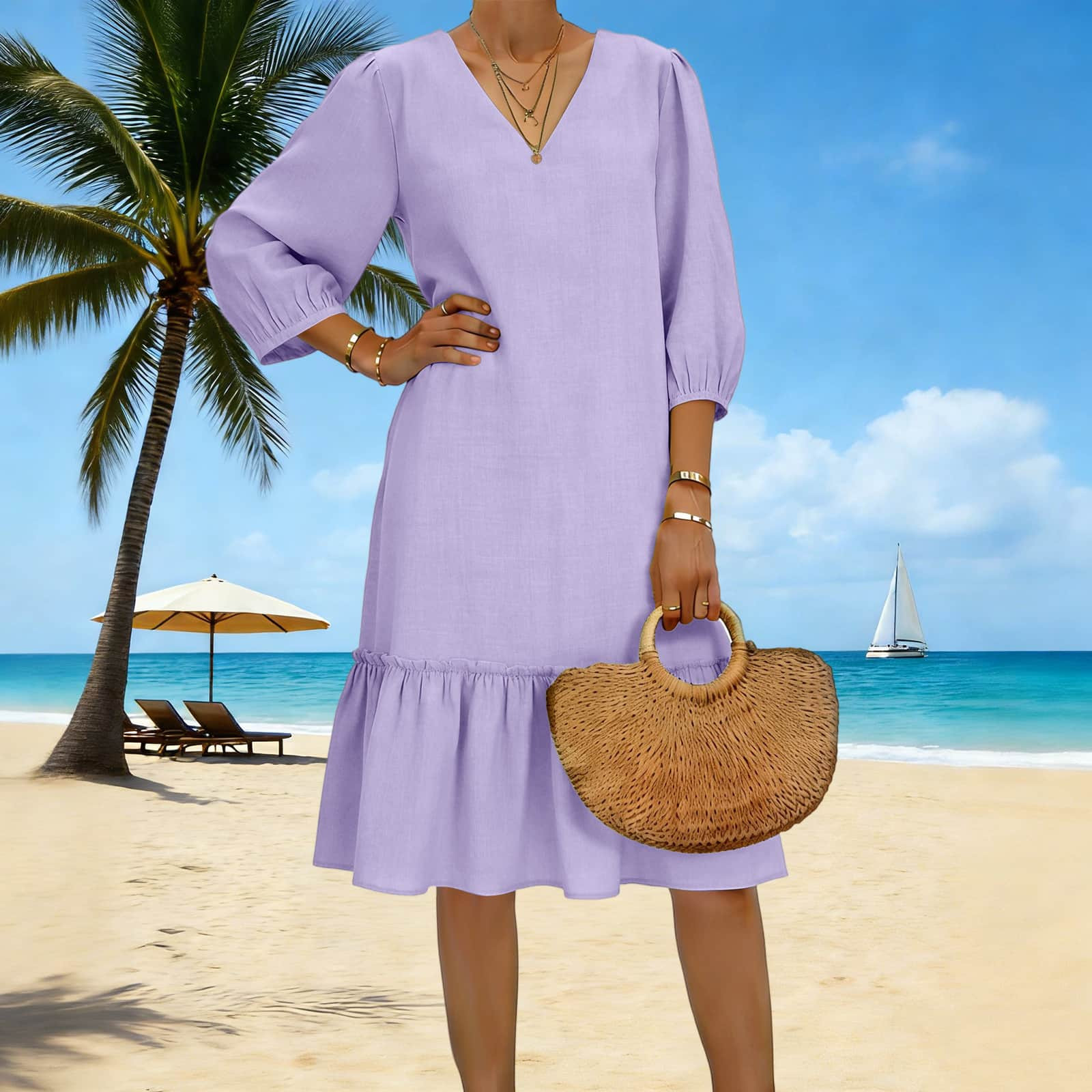 Bltiby Cotton Linen Midi Dress for Women Summer 3/4 Sleeve Flowy V Neck Ruffle Hem Dresses Vacation Loose Casual Beach Dress Blue XXL, Women's, Size: