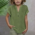 thumbnail image 1 of BLTIBY Cotton Linen Shirts for Girls V Neck Button Solid Color Short Sleeve Tops Trendy Lightweight Pullover Blouse Army Green 13-14 Years, 1 of 9