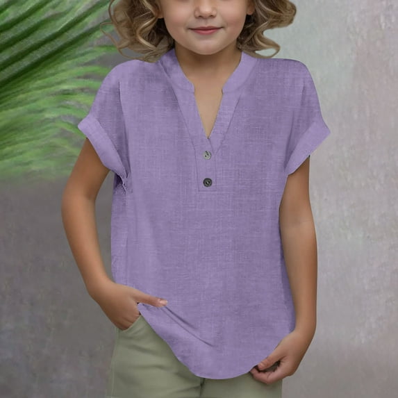 BLTIBY Cotton Linen Shirts for Girls V Neck Button Solid Color Short Sleeve Tops Trendy Lightweight Pullover Blouse Purple 11-12 Years