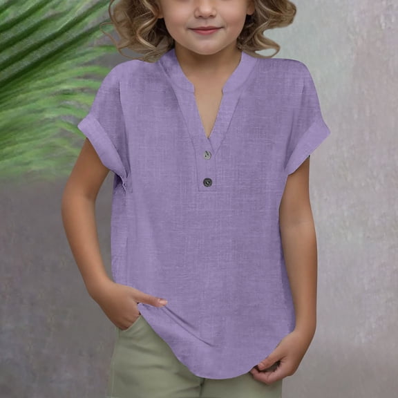 BLTIBY Cotton Linen Shirts for Girls V Neck Button Solid Color Short Sleeve Tops Trendy Lightweight Pullover Blouse Purple 7-8 Years