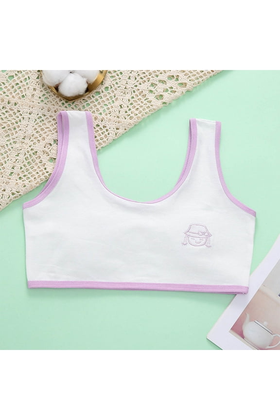 Cotton Training Girls Bra for Teens Racerback Seamless Design Wireless Kitten Printed Bras with Chest Sports Bra Breathable Comfortable Purple 9-12 Years
