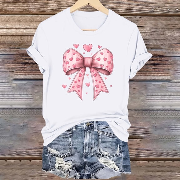 BLTIBY Crew Neck Basic T Shirts for Women Valentine's Day Short Sleeve Summer Fashion Pullover Printed Top Holiday Casual Loose Blouse White S