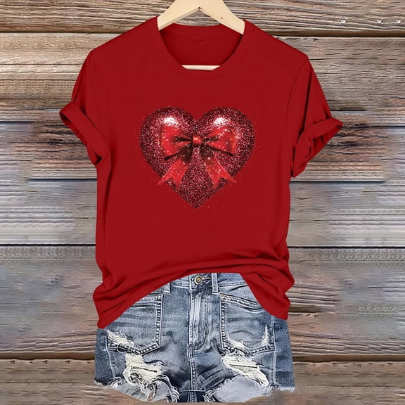 BLTIBY Crew Neck Basic T Shirts for Women Valentine's Day Short Sleeve Summer Fashion Pullover Tops Holiday Printed Casual Loose Blouse Red 2 XL