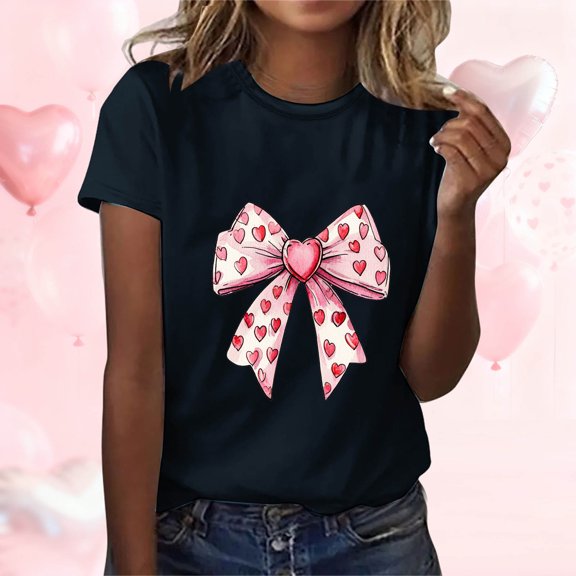 BLTIBY Crew Neck Basic T Shirts for Women Valentine's Day Summer Short Sleeve Fashion Pullover Tops Holiday Print Casual Loose Blouse Black S