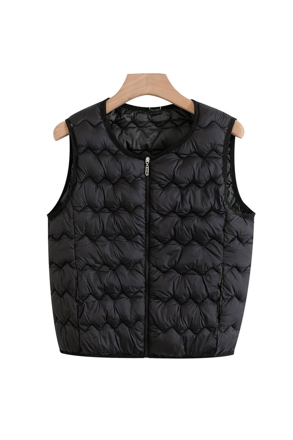 Cropped Puffer Vest for Women Winter Plus Size Quilted Sleeveless Round Neck Warm Jackets Zip Up Thicked Puffy Coat Fashion Outerwear Black 4XL
