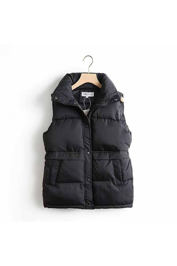 Cropped Puffer Vest for Women Winter Quilted Sleeveless Stand Collar Warm Jackets Button Down Puffy Coat Fashion Outerwear with Pockets Black XL
