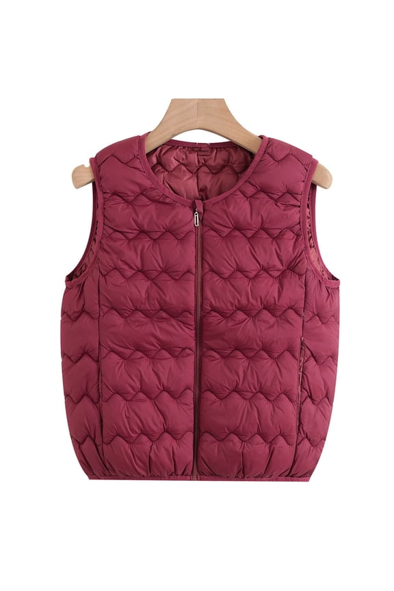 Cropped Puffer Vest for Women Winter Plus Size Quilted Sleeveless Round Neck Warm Jackets Zip Up Thicked Puffy Coat Fashion Outerwear Wine 4XL