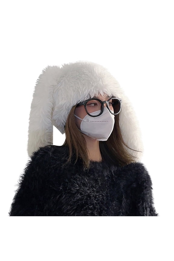 Cute Faux Fur Bunny Beanie Hat Long Ears for Women Funny Warm Fluffy Skull Caps for Winter Outdoor Ski Soft Fuzzy Rabbit Slouchy Hat White Free Size