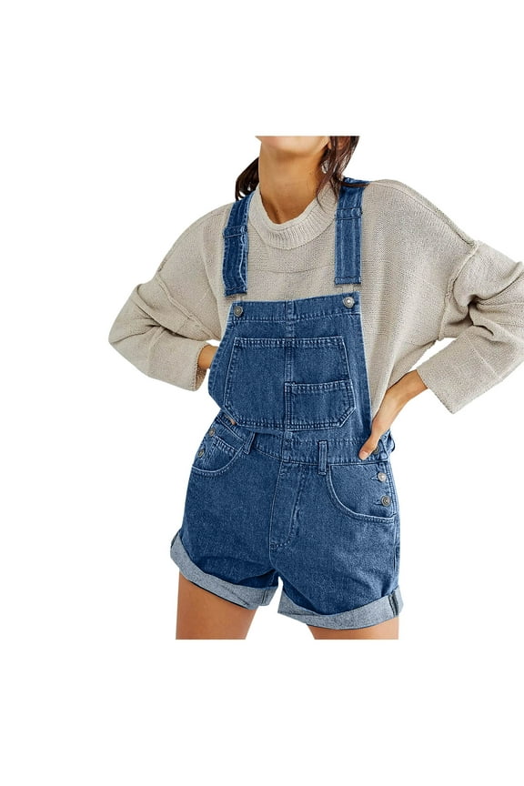 Denim Overall Shorts for Women Solid Colour Casual Romper Jean Short Overalls Loose Fit Jumpsuit Summer Suspender Bib Outfits with Pockets Blue XL