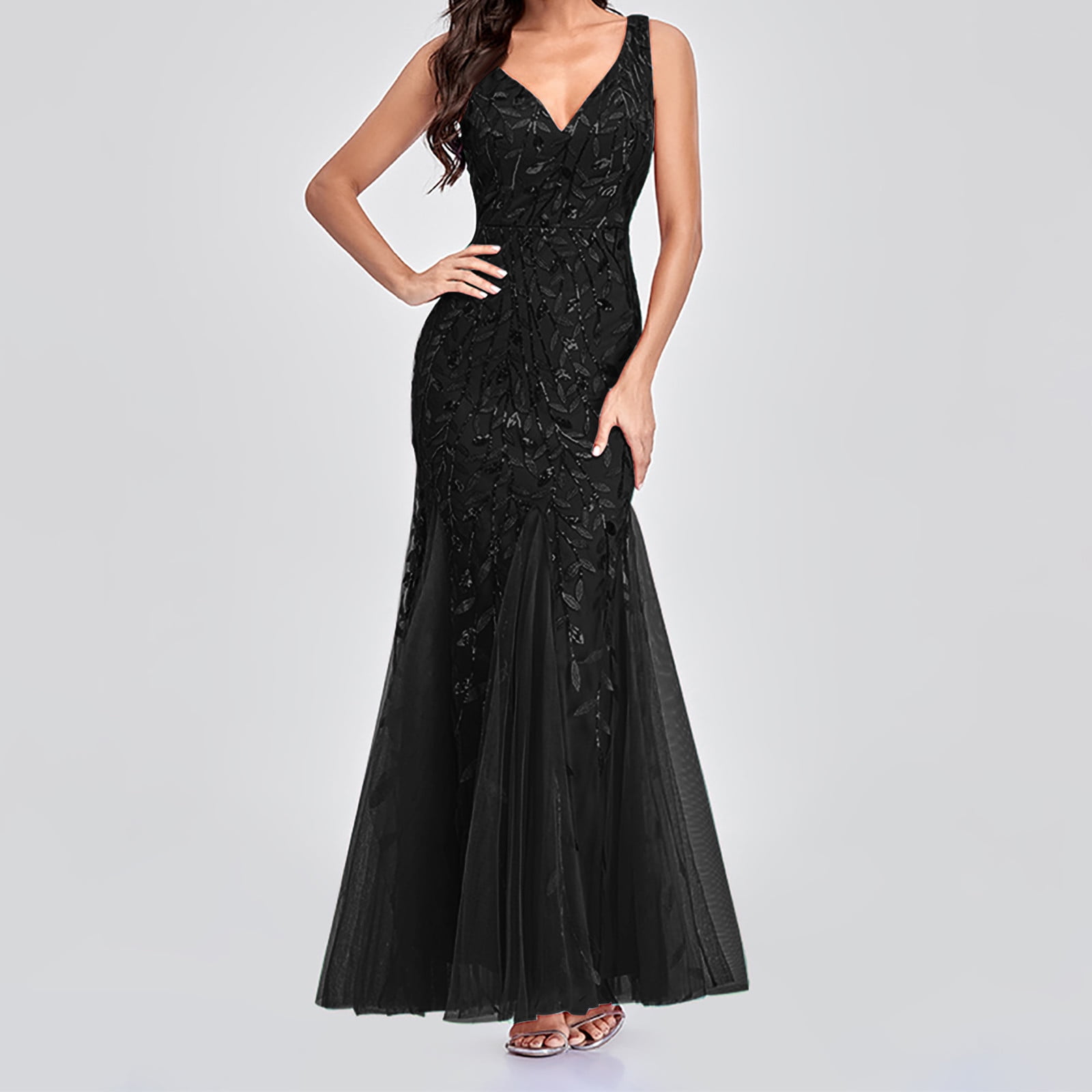 Bltiby Elegant Dresses for Women Formal Glitter Sequin Embroidered Tulle Sleeveless Suspender Dress Mesh V Neck Backless Maxi Dress Black M