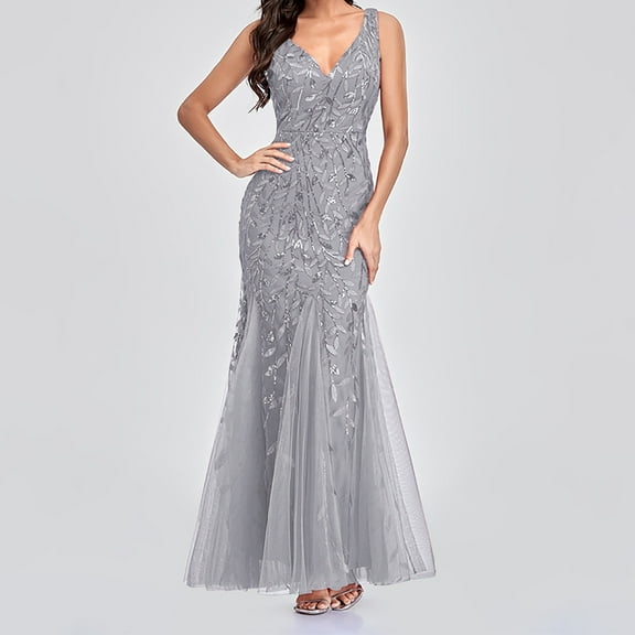 BLTIBY Elegant Dresses for Women Formal Glitter Sequin Embroidered Tulle Sleeveless Suspender Dress Mesh V Neck Backless Maxi Dress Gray XL
