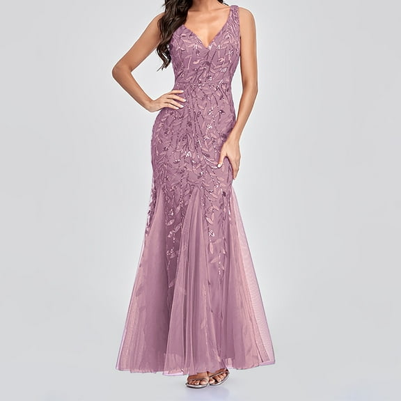 BLTIBY Elegant Dresses for Women Formal Glitter Sequin Embroidered Tulle Sleeveless Suspender Dress Mesh V Neck Backless Maxi Dress Pink XXL
