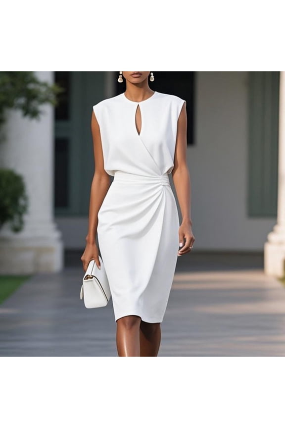 Elegant Sleeveless Dress for Women Keyhole Neckline Solid Color Pleated Waisted Slim Fit Dresses for Office Evening White XXL
