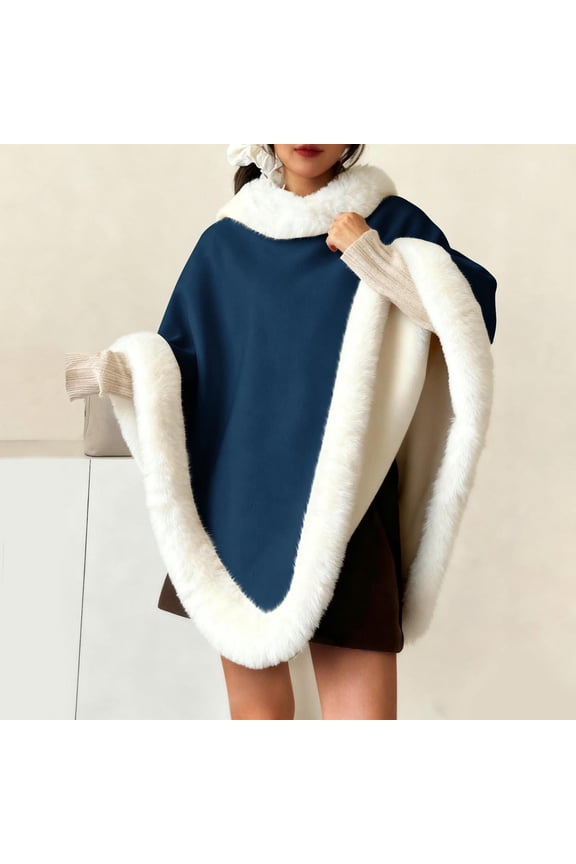 Faux Fur Trim Poncho for Women Thicken Warm Fleece Lined Cape Elegant Draped Winter Shawl Wraps Coats Fuzzy Pull On Cloak for Christmas Blue Free Size