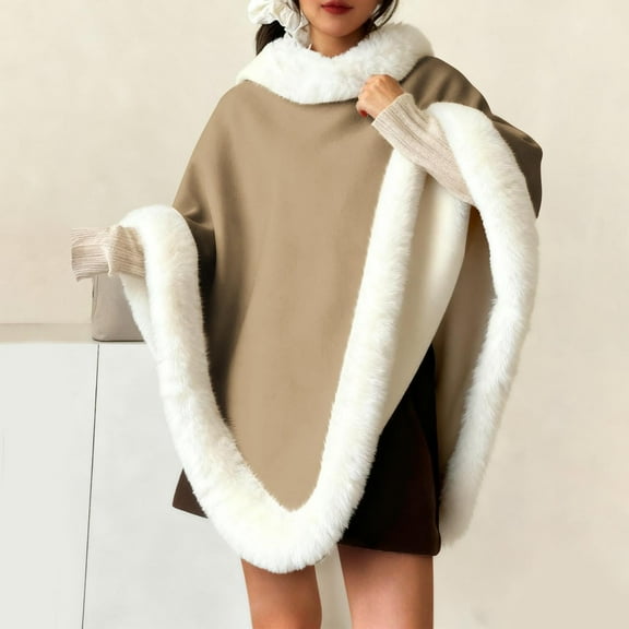 BLTIBY Faux Fur Trim Poncho for Women Thicken Warm Fleece Lined Cape Elegant Draped Winter Shawl Wraps Coats Fuzzy Pull On Cloak for Christmas Khaki Free Size