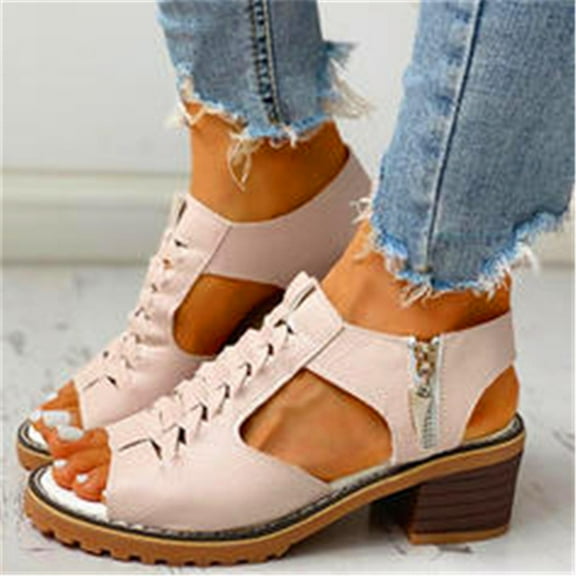 BLTIBY Fish Mouth Sandals for Women Summer Fashion Braided Hollow Out Zip Up Open Toe Thick Heel Pump Sandal Shoes Beige 40