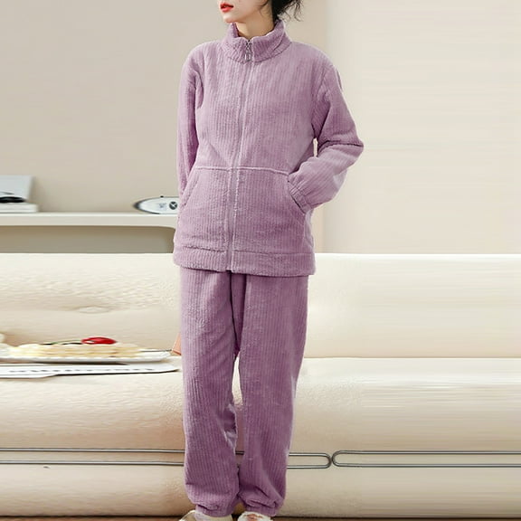 BLTIBY Flannel Pajama Sets for Women 2 Piece Stand Neck Zip Fleece Fuzzy Long Sleeve Oversized Casual Sherpa Sleepwear Outfits with Pockets Purple XXL