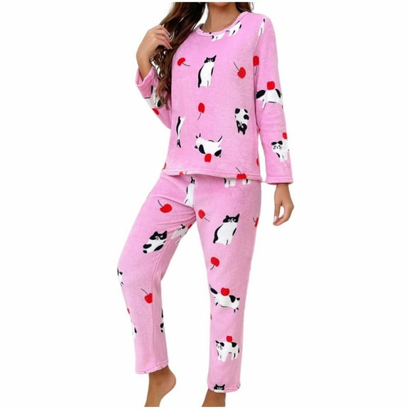 BLTIBY Flannel Pajama Sets for Women 2 Piece Crew Neck Valentine's Day Fuzzy Long Sleeve Pants Oversized Casual Sherpa Sleepwear Outfits Pink 2 L