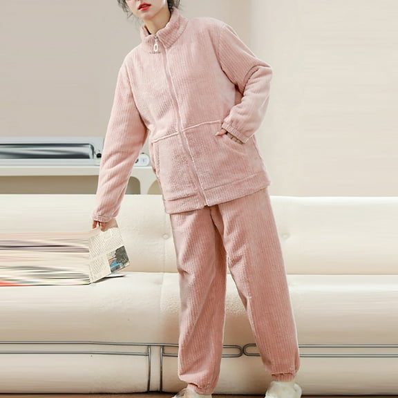 BLTIBY Flannel Pajama Sets for Women 2 Piece Stand Neck Zip Fleece Fuzzy Long Sleeve Oversized Casual Sherpa Sleepwear Outfits with Pockets Pink M