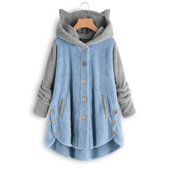 BLTIBY Fleece Jacket for Women 2024 Trendy Button Hooded Cat Ears Colorblocked Long Sleeve Sherpa Coat Fall Winter Plus Size Outwear with Pockets Blue XL