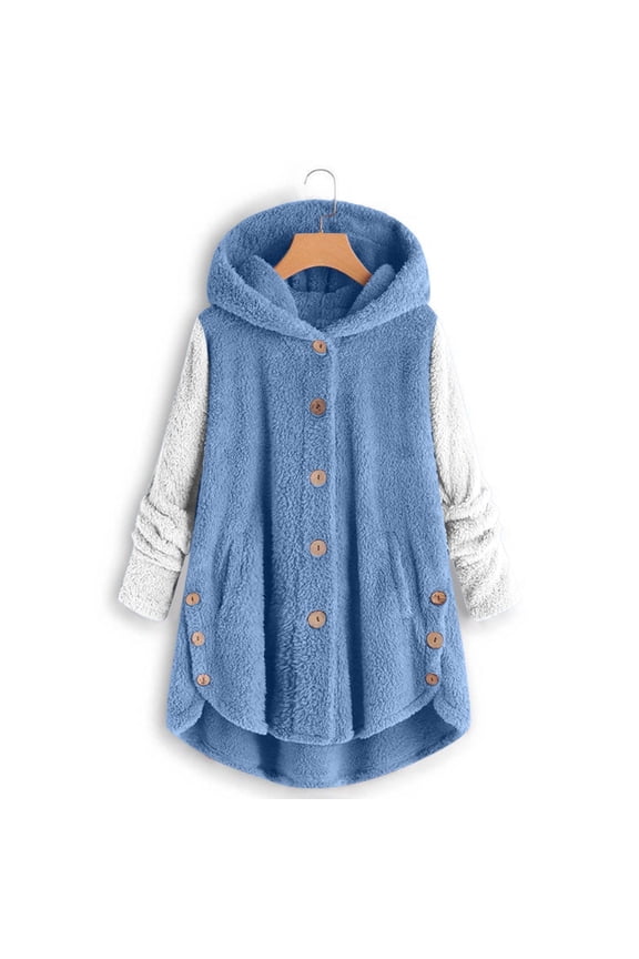 Fleece Jacket for Women 2024 Trendy Button Hooded Colorblocked Long Sleeve Sherpa Coat Fall Winter Plus Size Outwear with Pockets Blue XXL