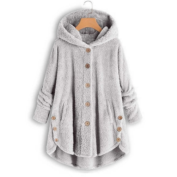 BLTIBY Fleece Jacket for Women 2024 Trendy Button Hooded Solid Colour Long Sleeve Sherpa Coat Fall Winter Plus Size Outwear with Pockets Gray XL