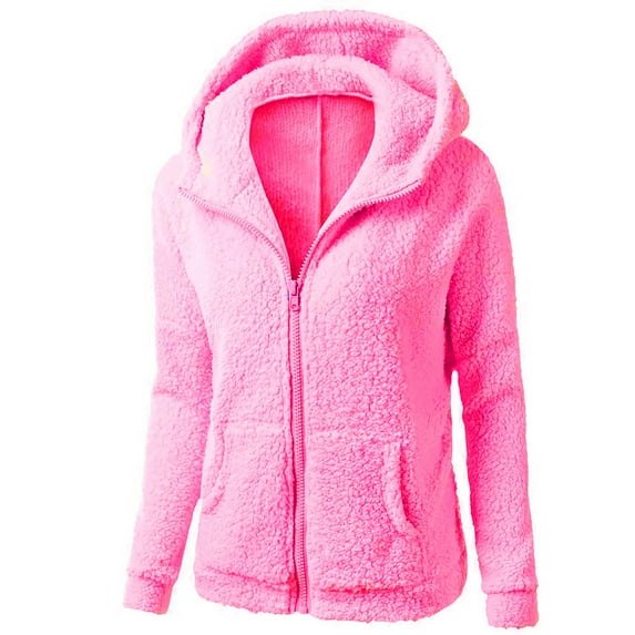 BLTIBY Fleece Jacket for Women Hoodies Fall Winter Thicked Solid Color Zip Long Sleeve Outerwear Padded Coat with Pockets Pink XL