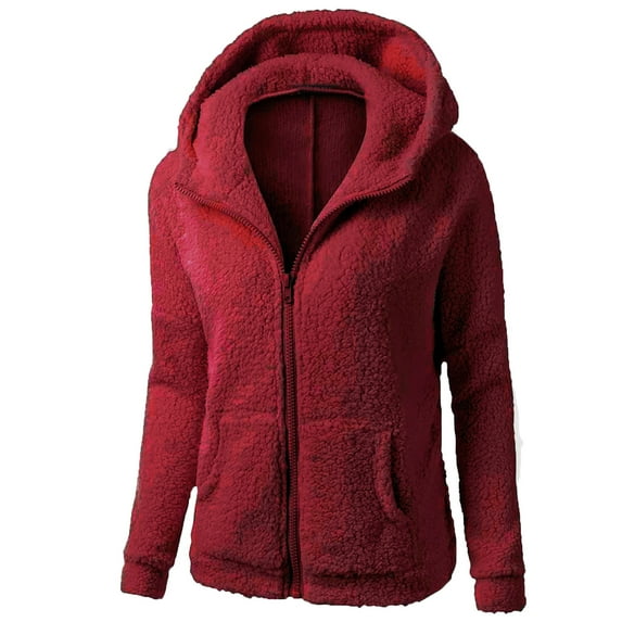 BLTIBY Fleece Jacket for Women Hoodies Fall Winter Thicked Solid Color Zip Long Sleeve Outerwear Padded Coat with Pockets Wine S