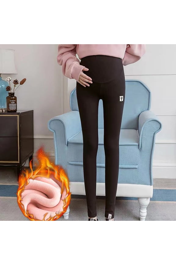 Fleece Lined Maternity Leggings for Women with Pockets Autumn Winter Warm Pregnancy Pants Over The Belly Thermal Yoga Bottom Pants Black 2 M