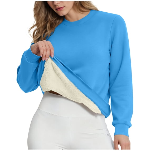 BLTIBY Fleece Lined Sweatshirt for Women Casual Crewneck Sherpa Pullover Thermal Solid Long Sleeve Tops Fall Winter Clothes Blue XXL