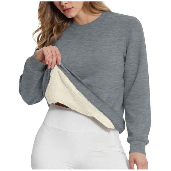 BLTIBY Fleece Lined Sweatshirt for Women Casual Crewneck Sherpa Pullover Thermal Solid Long Sleeve Tops Fall Winter Clothes Gray XL
