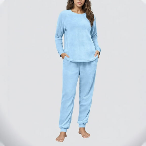 BLTIBY Fleece Pajama Sets for Women 2 Piece Crew Neck Fuzzy Long Sleeve Pants Loose Casual Sleepwear Outfits with Pockets Blue M