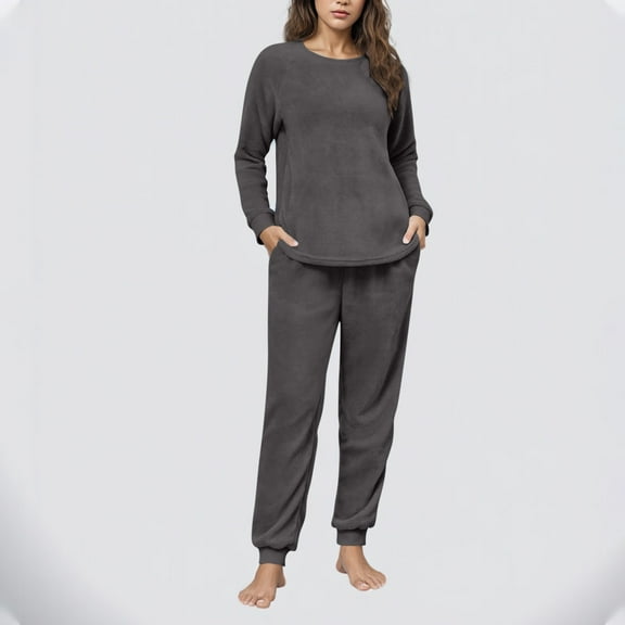 BLTIBY Fleece Pajama Sets for Women 2 Piece Crew Neck Fuzzy Long Sleeve Pants Loose Casual Sleepwear Outfits with Pockets Dark Gray S