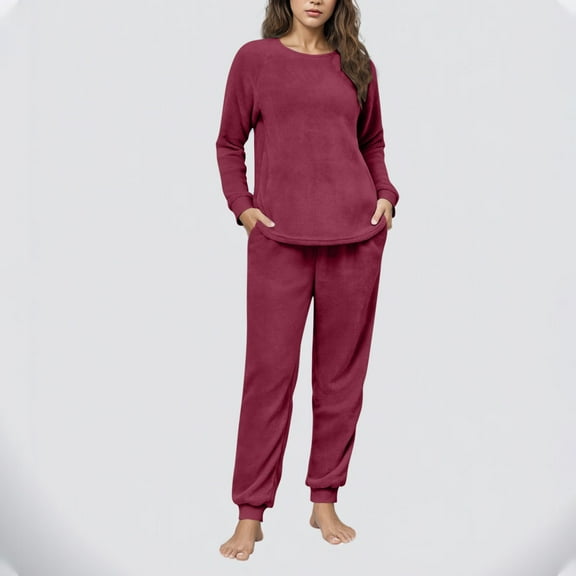 BLTIBY Fleece Pajama Sets for Women 2 Piece Crew Neck Fuzzy Long Sleeve Pants Loose Casual Sleepwear Outfits with Pockets Watermelon Red L