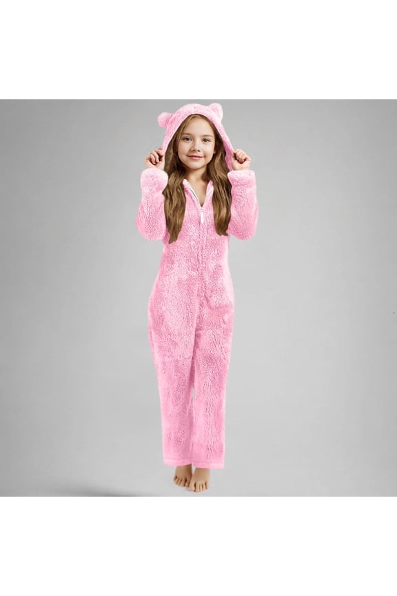 Fleece Pajamas Rompers for Girls Full Zip Fuzzy Furry Onesie Fleece Lined Jumpsuit Toddler Cute Teddy Bear Hooded Snowsuit Soft Comfy Clothes with Pockets Pink 7-8 Years