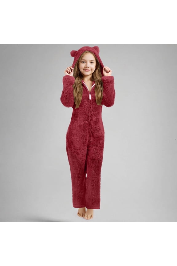 Fleece Pajamas Rompers for Girls Full Zip Fuzzy Furry Onesie Fleece Lined Jumpsuit Toddler Cute Teddy Bear Hooded Snowsuit Soft Comfy Clothes with Pockets Wine 11-12 Years