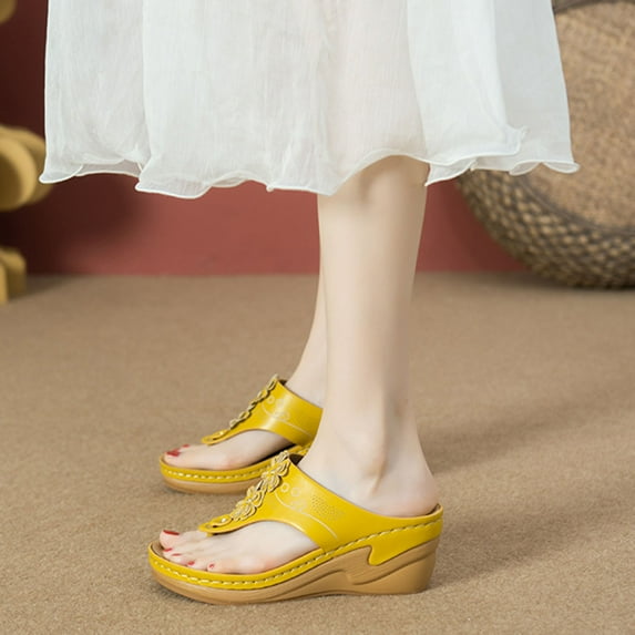 BLTIBY Flip Flops for Women with Arch Support Orthopedic Sandals Comfortable Walking Thong Sandal Flower Wedge Casual Slippers Slip On Platform Sandals Summer Beach Shoes Yellow 41