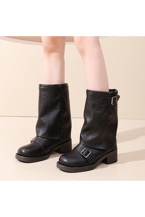 Fold Over Shark Boots for Women Round Toe Chunky Block Heel Leather Boot Pull On Classic Fashion Dress Booties Black 40