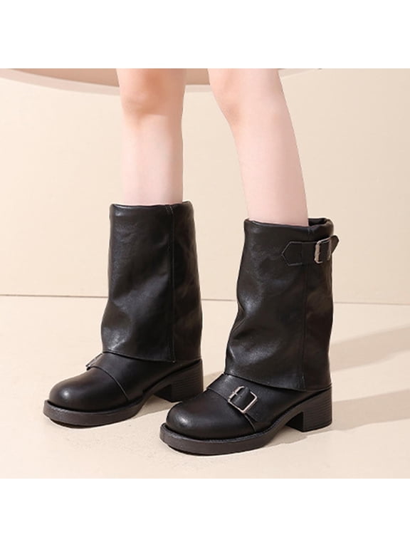 Fold Over Shark Boots for Women Round Toe Chunky Block Heel Leather Boot Pull On Classic Fashion Dress Booties Black 42