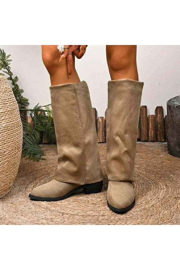 Fold Over Shark Boots for Women Snip Toe Chunky Block Heel Flock Boot Pull On Classic Fashion Party Dress Booties Khaki 37