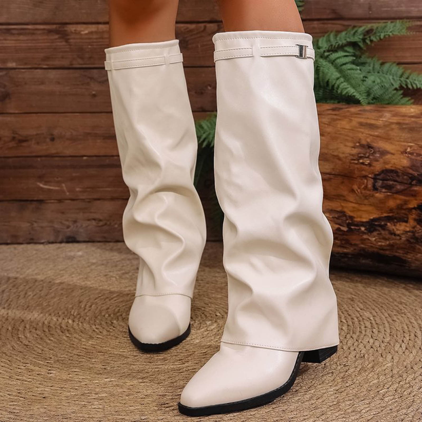 BLTIBY Fold Over Shark Boots for Women Snip Toe Chunky Heel Wide Calf Cowboy Boot Pull On Classic Fashion Party Dress Booties Beige 36